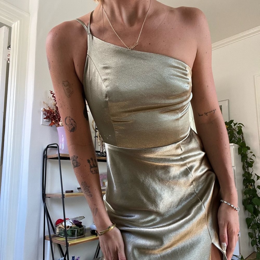 Metallic sage one shoulder maxi bridesmaid dress from birdy grey
